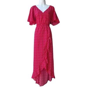 SAHARA Long Dress Women’s 36 Red Hearts V-neck Ruffle Asymmetrical Short Sleeve